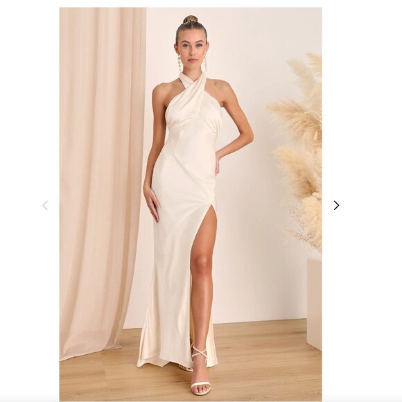 Lulus - Start of Forever Ivory Satin Halter Mermaid Maxi Dress - Picture 4 of 4